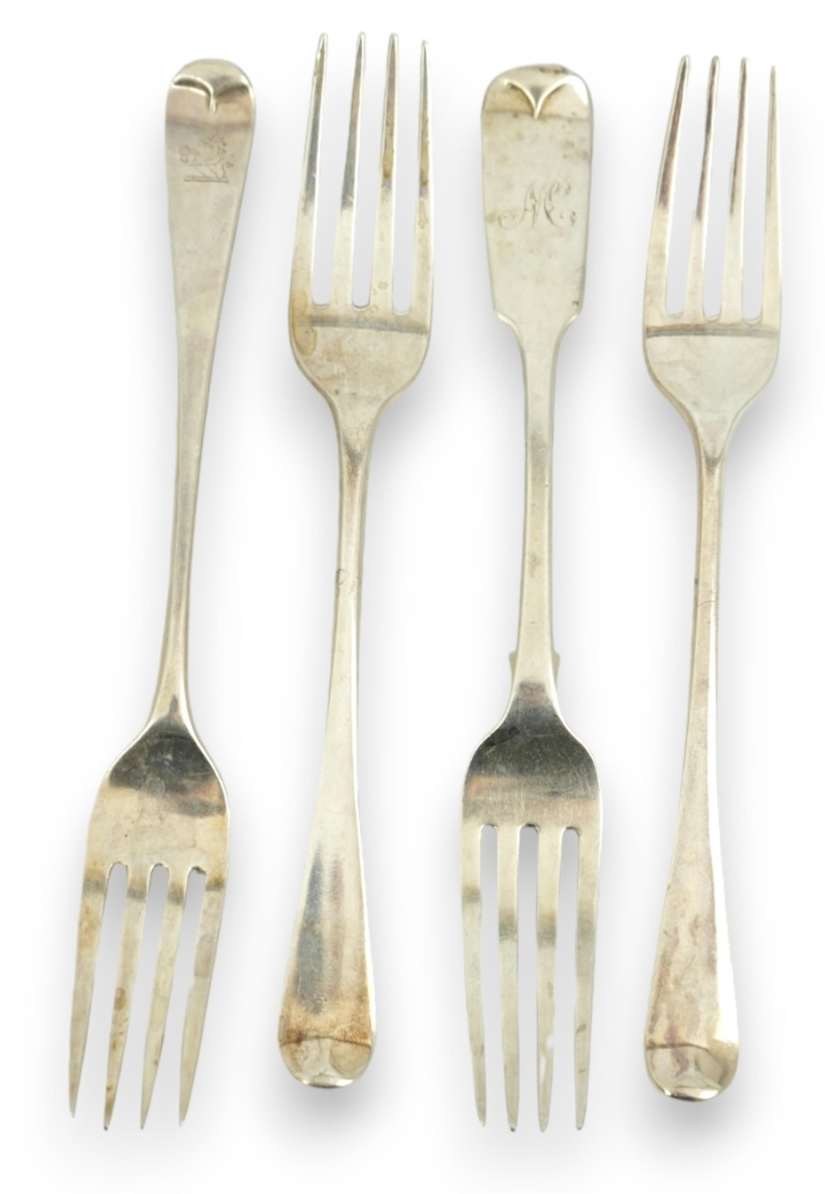 A harlequin collection of thirty four mainly 19th century silver old English pattern dessert forks, various dates and makers, together with five similar fiddle pattern dessert forks and one Kings pattern dessert fork